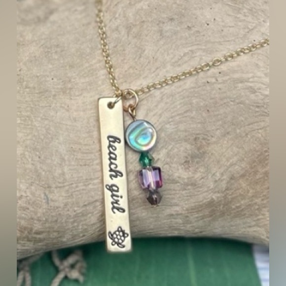 Gold or Silver Stamped BEACH GIRL Pendant w Abalone Shell Crystal Beads Necklace - Picture 3 of 16